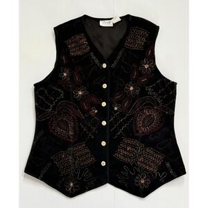 Vintage Y2K  Womens Large Black Velvet Floral Embroidered Sleeveless Vest Boho